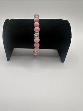 Rhodonite Pink Beaded Stretch Bracelet with Silver Accents